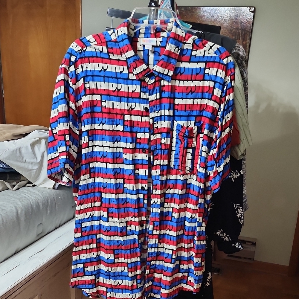 LuLaRoe Red and Blue Casual Button Down Shirt